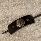 Dyed Black Leather HairStick Barrette W Decorative Centre & Red Gems