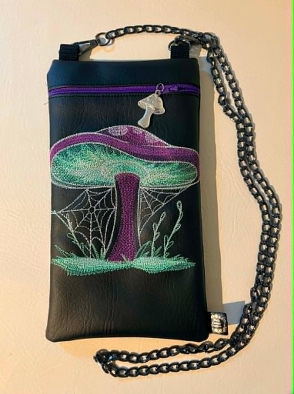 Embroidered Mushroom Crossbody Bag – Black Vinyl – Purple Mushroom & Web Design