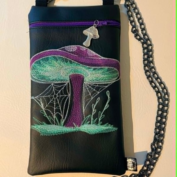 Embroidered Mushroom Crossbody Bag – Black Vinyl – Purple Mushroom & Web Design