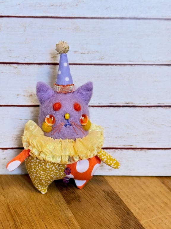 Miniature Needlefelted Kitty Clown Art Doll Orange Yellow