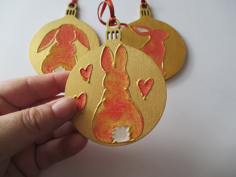 Bunny Rabbit Hanging Decoration Christmas Tree Bauble Hand Painted OOAK Gold