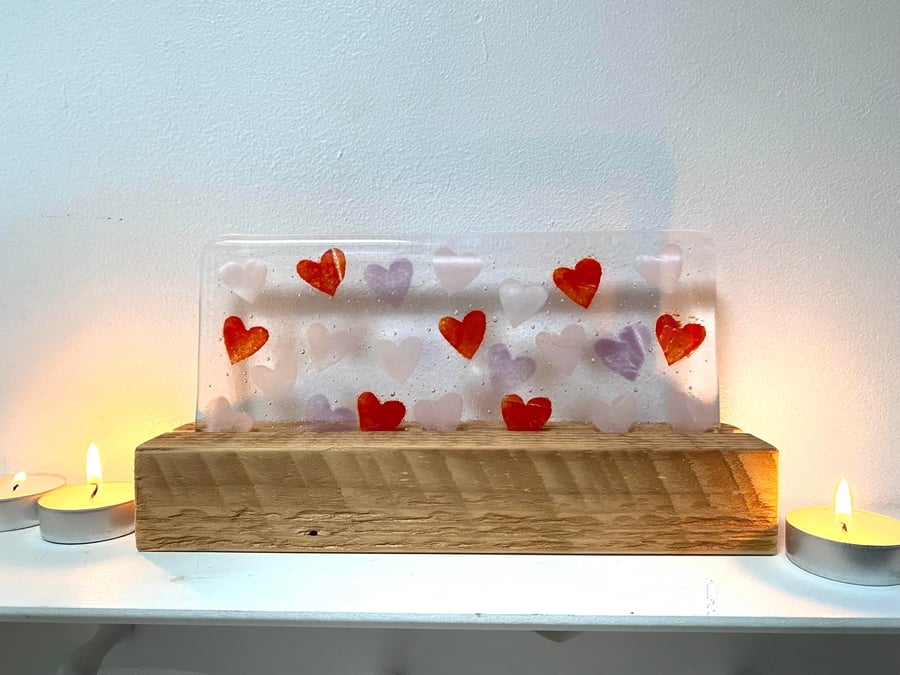 Fused Glass Valentine Confetti Hearts with freestanding wooden block 