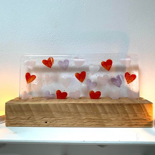 Fused Glass Valentine Confetti Hearts with freestanding wooden block 