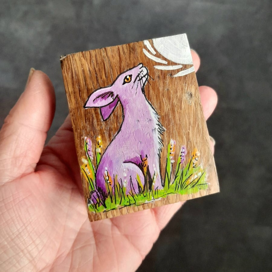 Hand Painted Reclaimed Mini Whisky Barrel Stave - Moongazing Hare