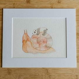 Watercolour Teddy Bear Illustration - Taking It Slow - Snail and Panda 