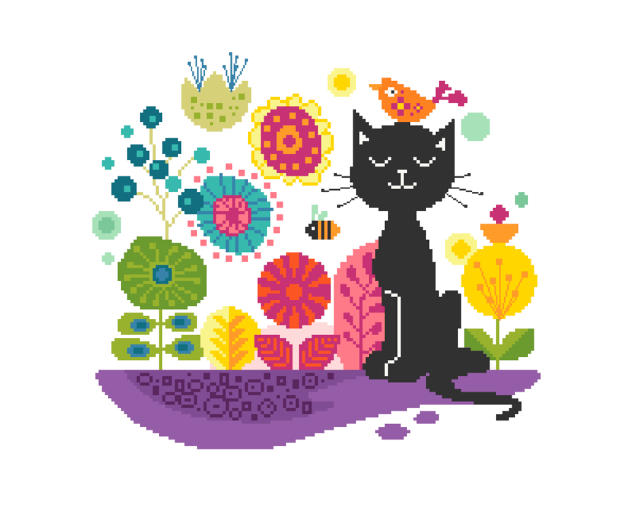 179 - Cute Little Black Kitten in pretty garden with Flowers and bird and nature