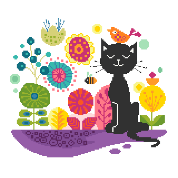 179 - Cute Little Black Kitten in pretty garden with Flowers and bird and nature