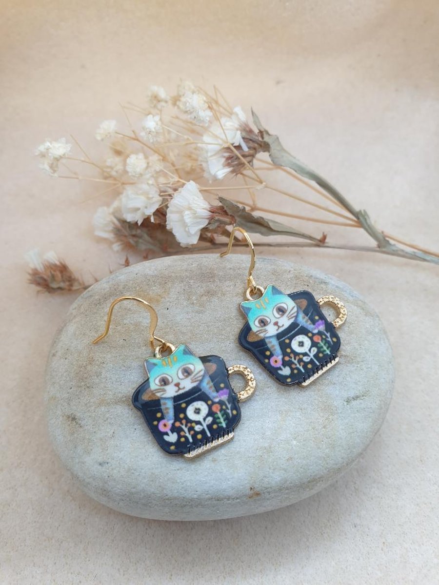 18 karat gold plated earrings with cute kitsch cat in a teacup charms 