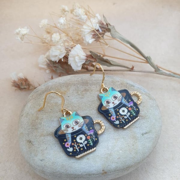 18 karat gold plated earrings with cute kitsch cat in a teacup charms 