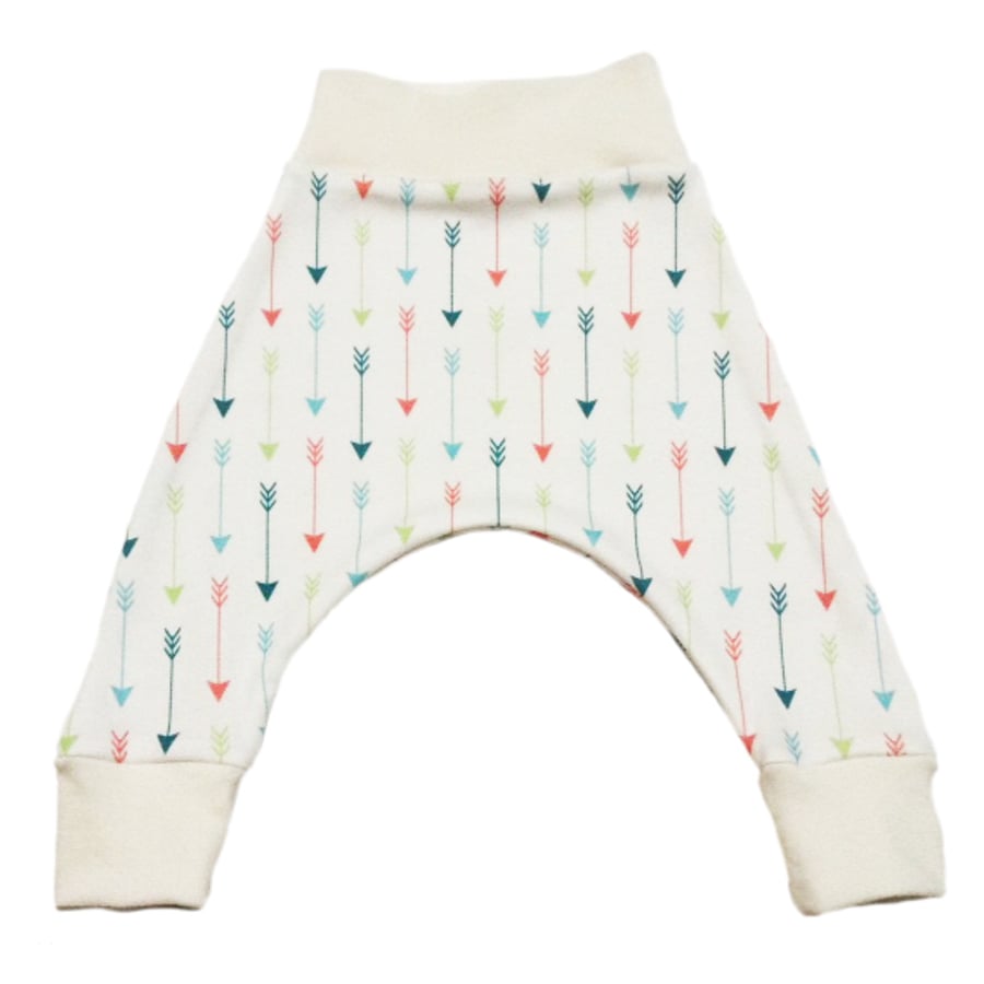 ORGANIC Baby HAREM PANTS Relaxed MULTI ARROWS on CREAM Trousers - A GIFT IDEA 