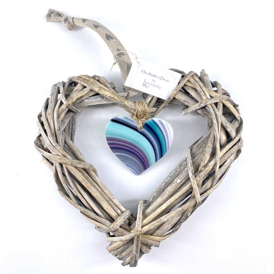 Fused Glass & Wicker Hanging Heart - Teal & Blue