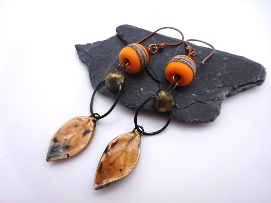 orange lampwork glass and ceramic earrings