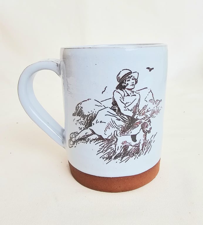 Handmade mug with vintage illustration, blue seaside mug