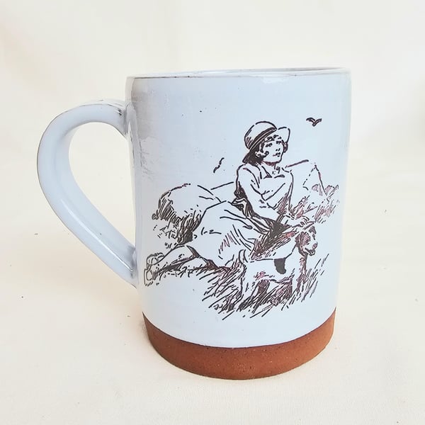 Handmade mug with vintage illustration, blue seaside mug