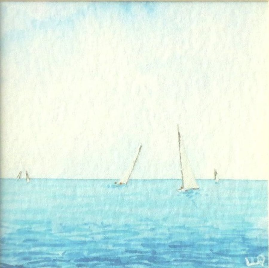 Yachts sailing on the ocean original minature watercolour painting