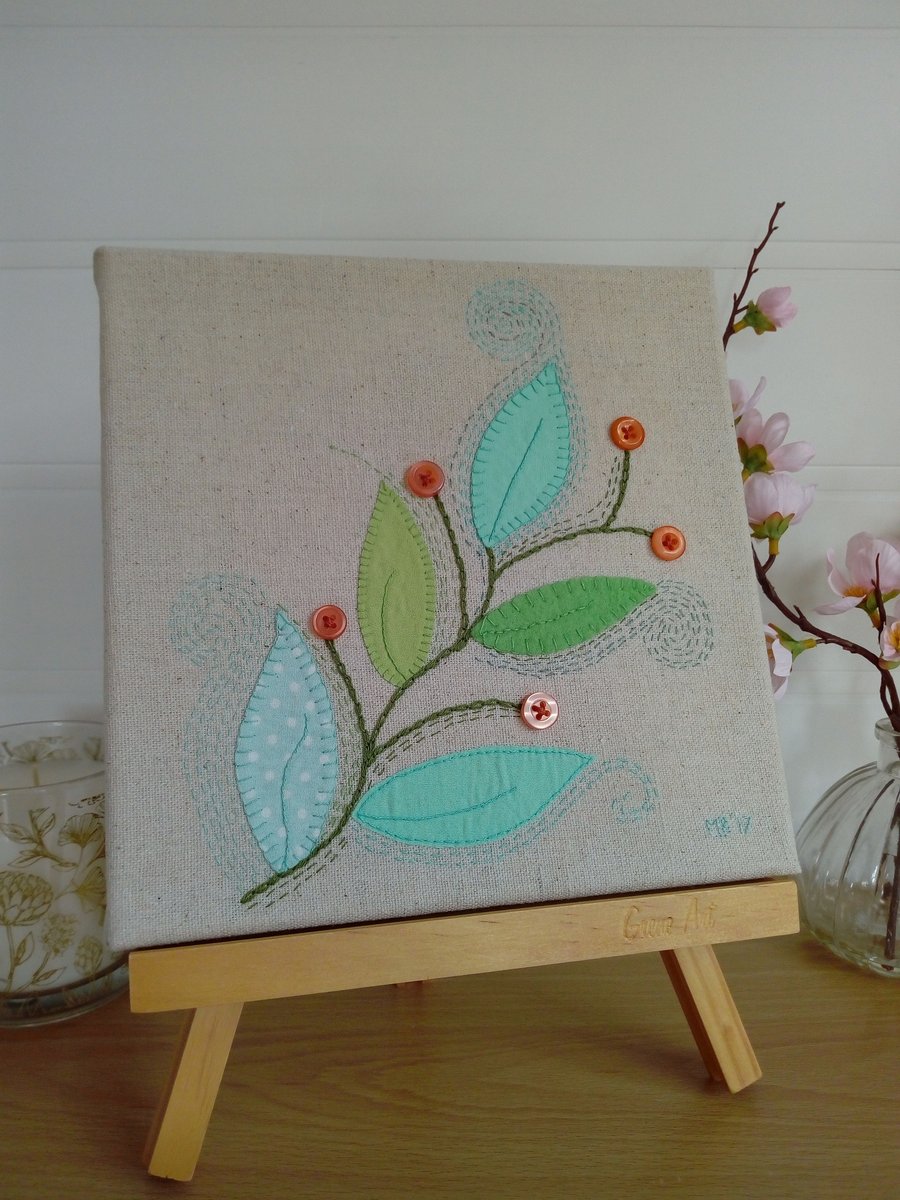 Leaves and Berries Textile Art, Canvas, Embroidered Fabric Picture, Wall Art, 