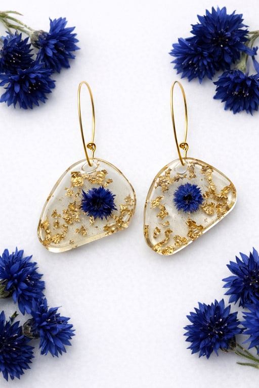 Dark Blue Flower Resin Earrings with Gold Leaf – Small Asymmetrical Botanical Je