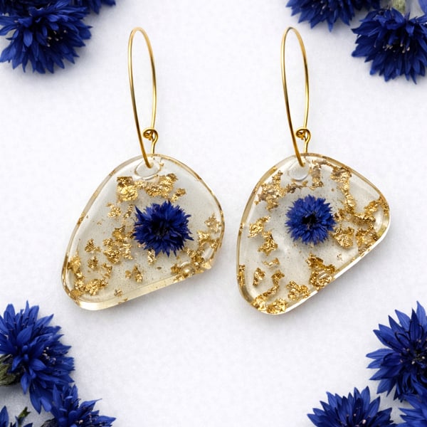 Dark Blue Flower Resin Earrings with Gold Leaf – Small Asymmetrical Botanical Je