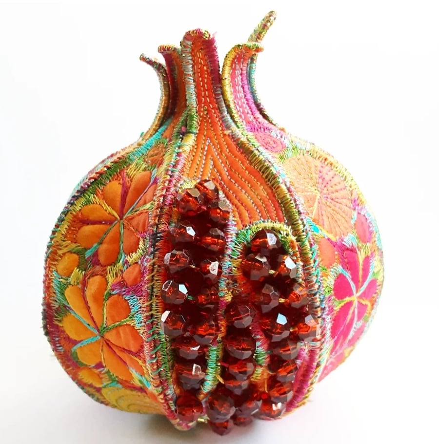 Pomegranate Textile Art Machine Embroidery Vibrant Colourful Hand Dyed 3D