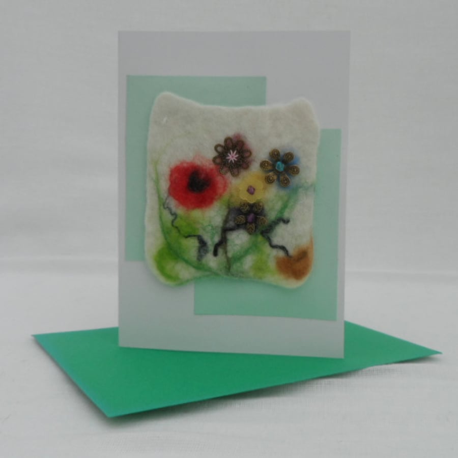 Greetings Card, felted with beaded flowers (4)