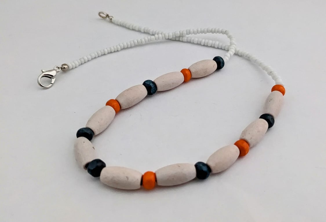 White,navy and orange wooden bead necklace - 1002559