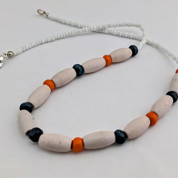 White,navy and orange wooden bead necklace - 1002559