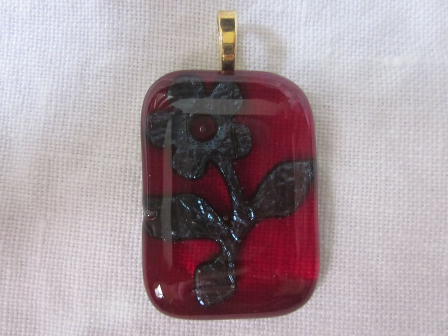 Handmade fused glass copper inclusion pendant - cherry flower