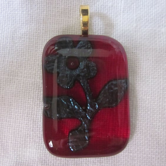 Handmade fused glass copper inclusion pendant - cherry flower