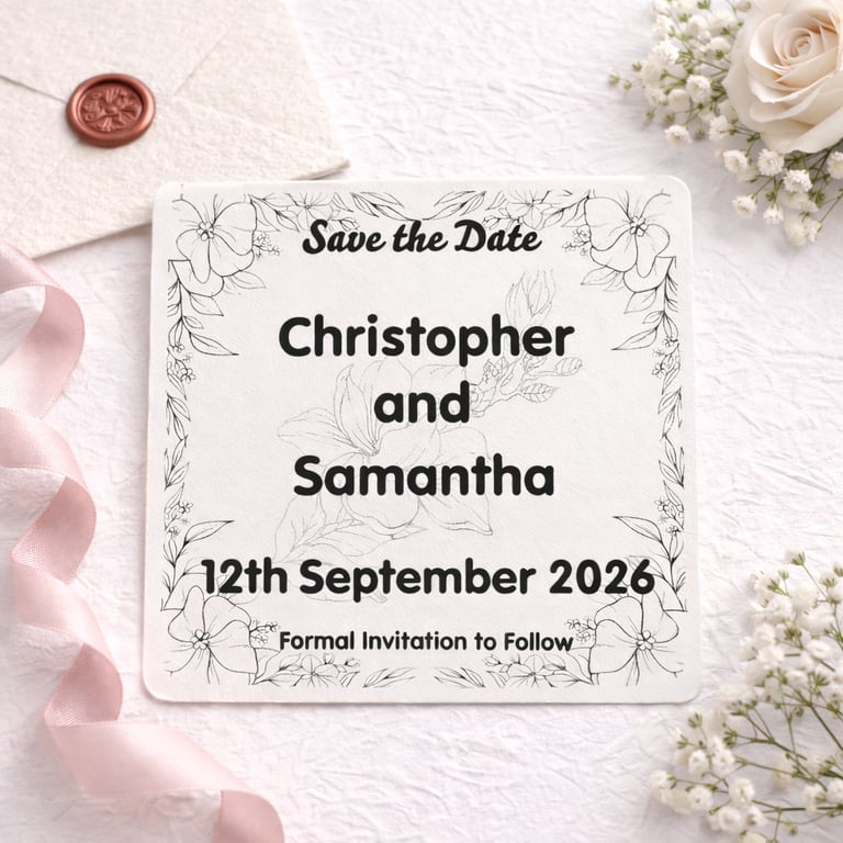 Signature Monochrome Bloom Save the Date Card, Handmade Envelope Wax Seal