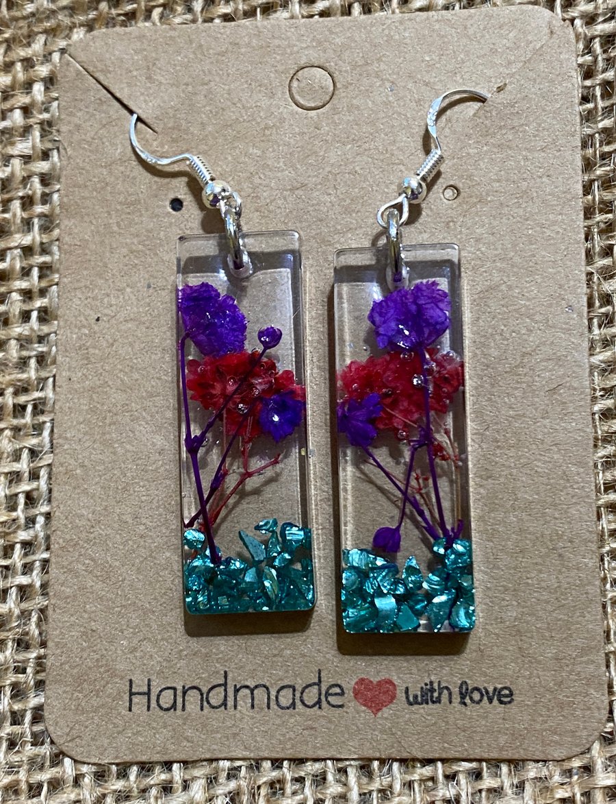 Handmade Pair Of Rectangular Earrings With Dried Purple and Red Flowers