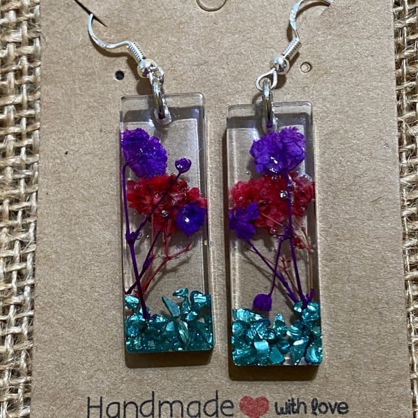 Handmade Pair Of Rectangular Earrings With Dried Purple and Red Flowers