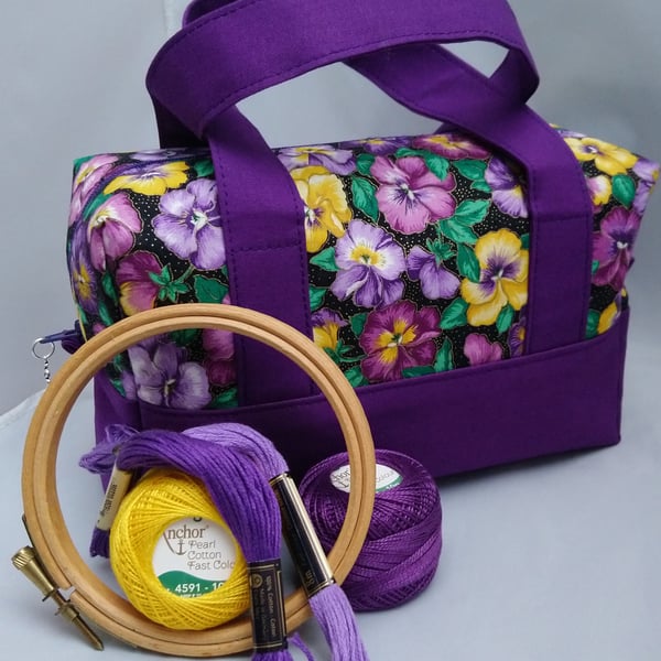 Pansy Box Shaped Multi Use Bag, Zip, Handles, Sewing, Crochet, Make Up Keepsakes