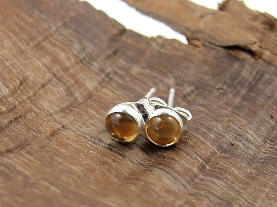 Tiny Citrine Gemstone and Sterling Silver Stud Earrings, November Birthstone