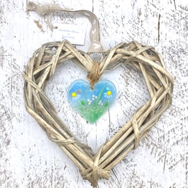 Floral Glass & Wicker Heart with co-ordinating Ribbon