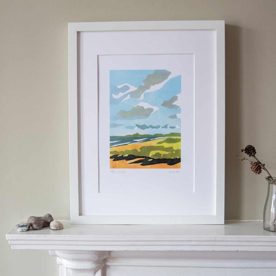 Ross Sands, Northumberland - Reduction Linoprint