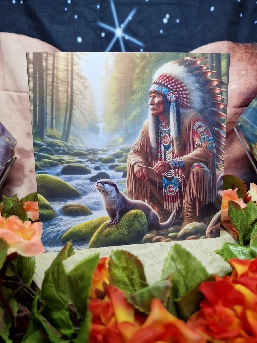 Native Indian Warrior Chief With Spirit Animal Otter Greetings Card 