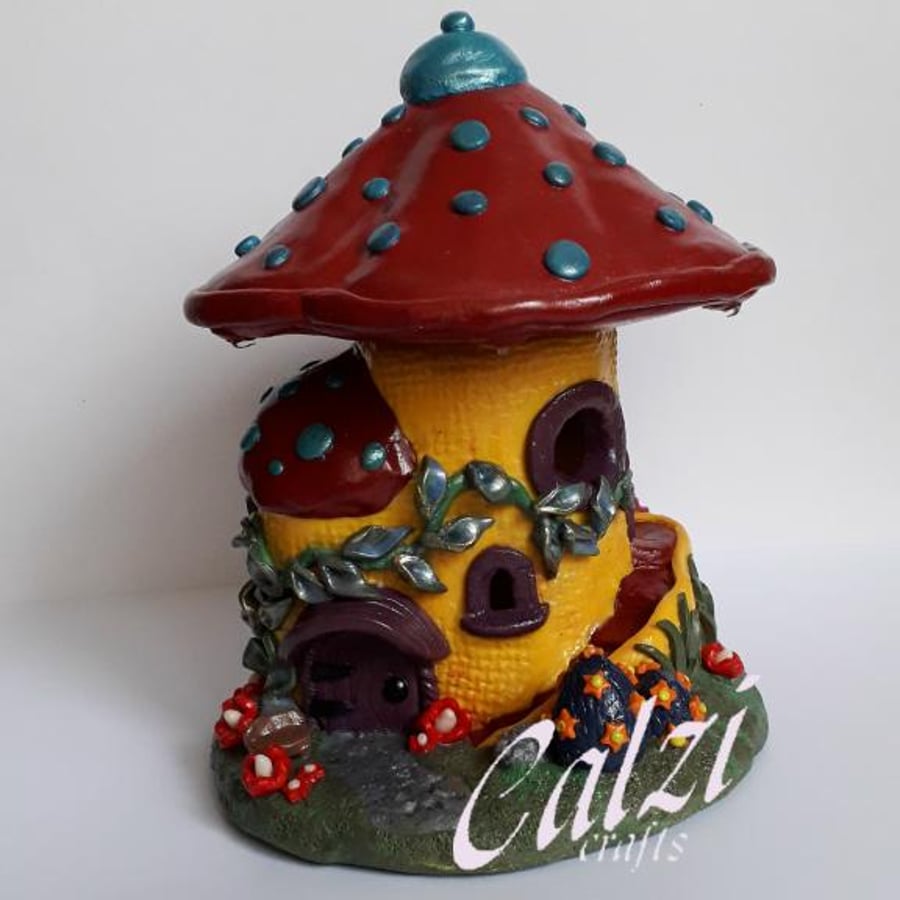 SOLD Polymer Clay Fairy House Tealight Holder With LED Light String (4)