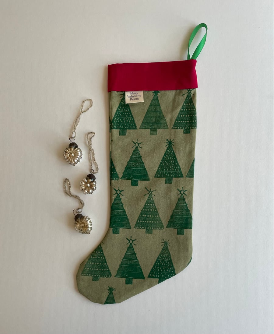 Christmas Stocking - Christmas Trees Design - Handprinted Linocut