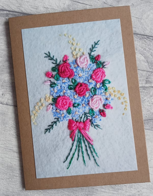 Embroidered Bouquet Photo Greetings Card, Birthday Card, Mothers Day Card