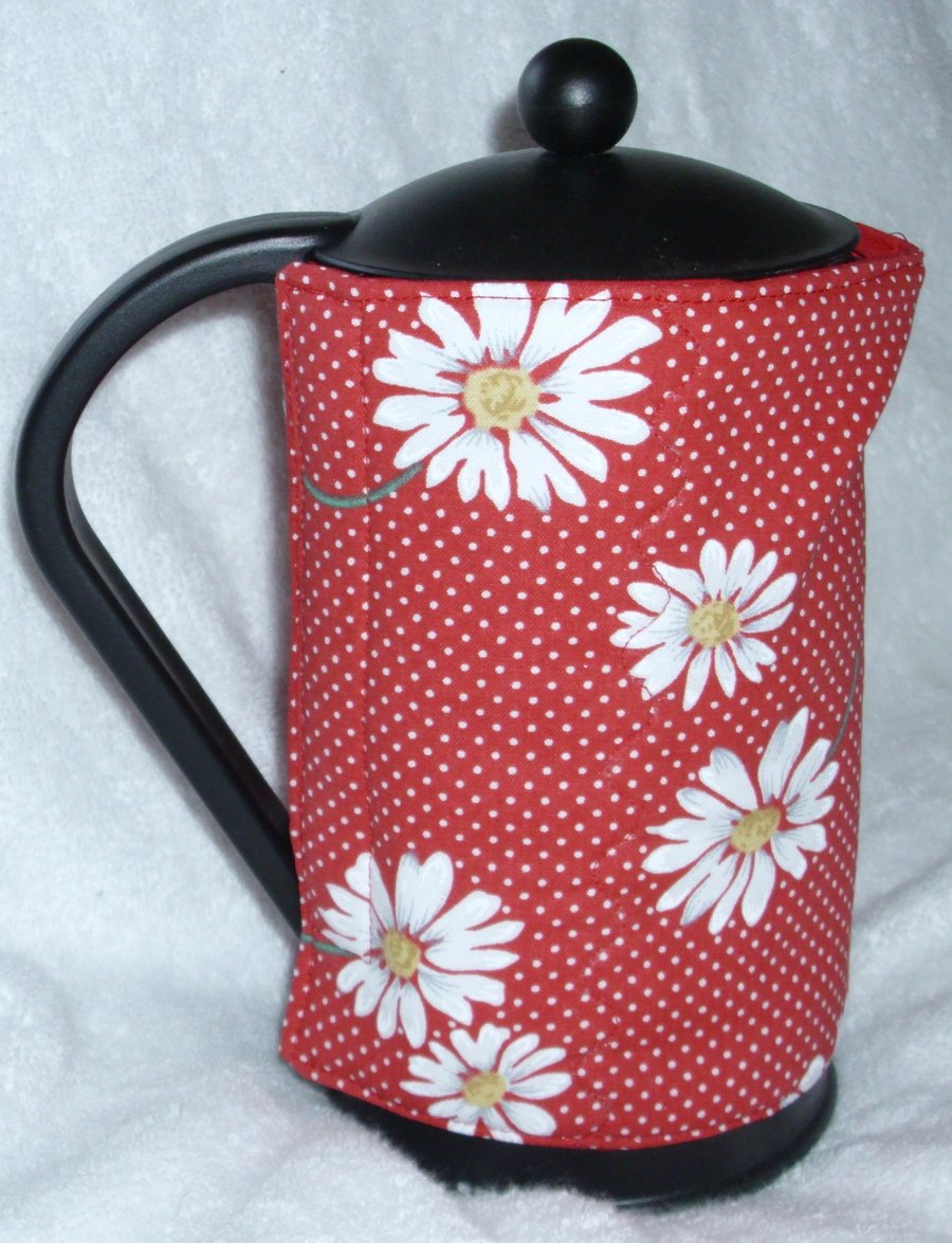 Bright white Daisies on red cafetiere wrap 