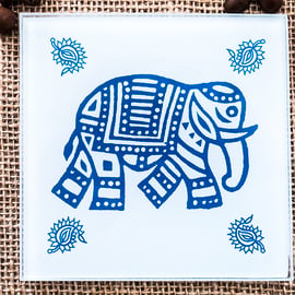 Glass Indian Elephant Coaster Wood Block Printing Inspired Gift for Animal Lover