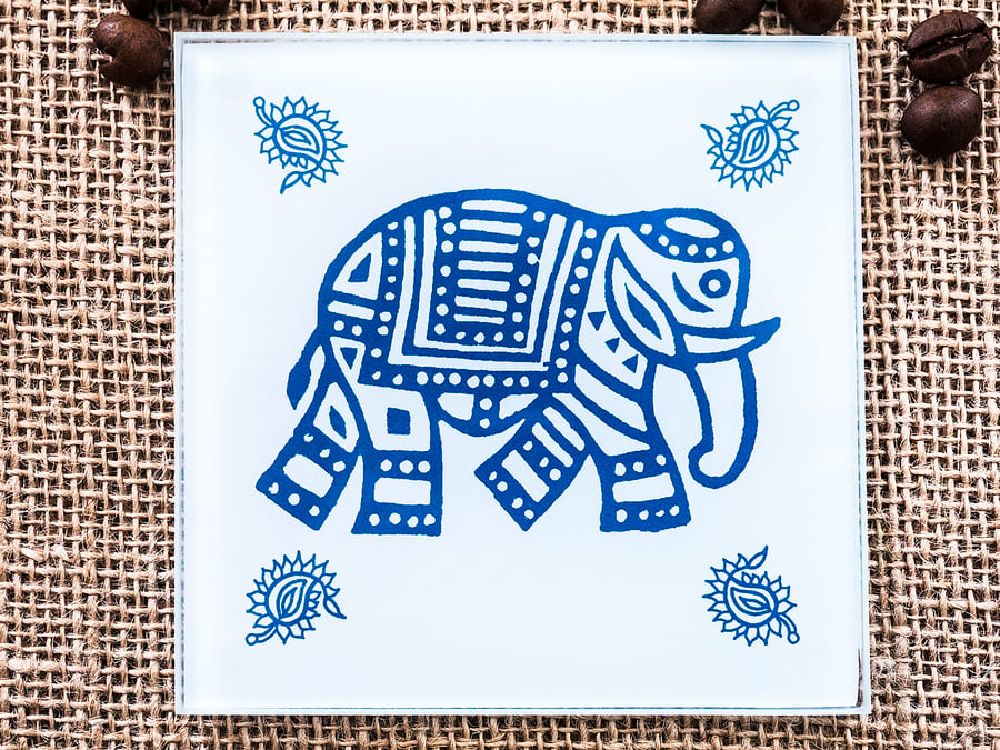 Glass Indian Elephant Coaster Wood Block Printing Inspired Gift for Animal Lover