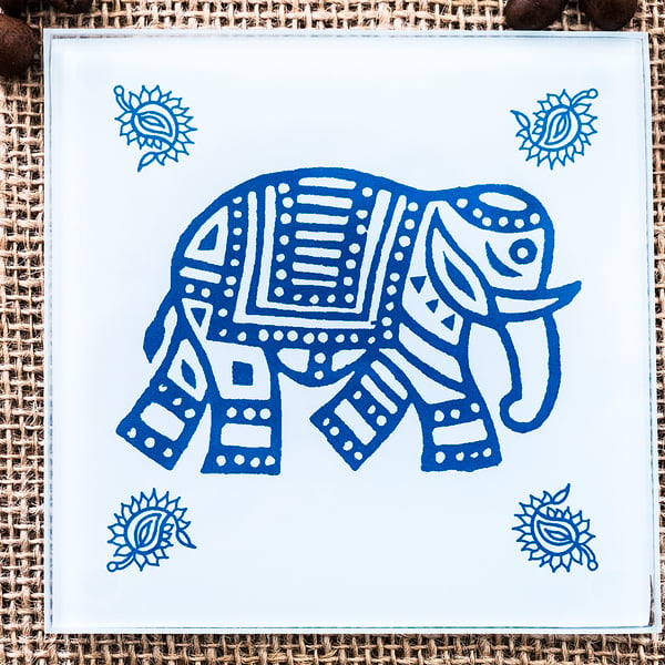 Glass Indian Elephant Coaster Wood Block Printing Inspired Gift for Animal Lover