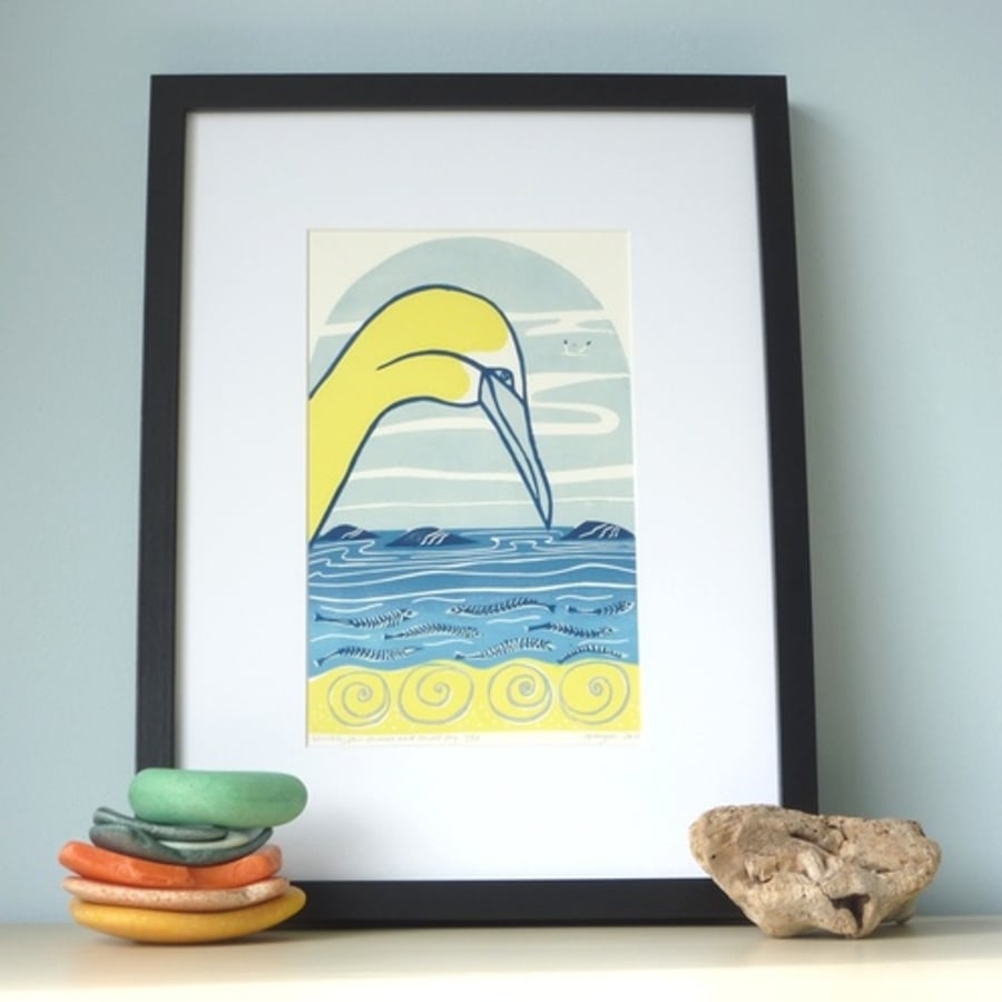 Original Lino print "Gannets, periwinkles and small fry"
