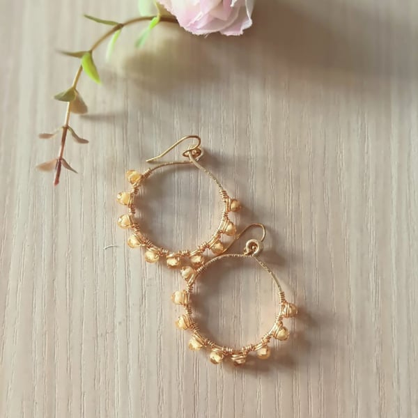 Yellow Beaded Wire Wrapped Hoop Earrings – Non-Tarnish Handmade Gift for Her