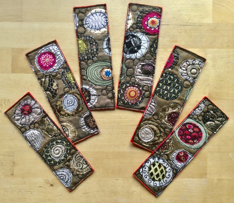 Embroidered up-cycled gold Klimt patterned bookmarks. 