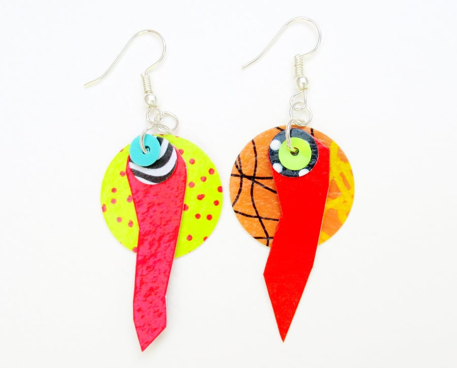 Colourful Earrings Non Matching Geometric Hand Painted Funky Statement Jewellery