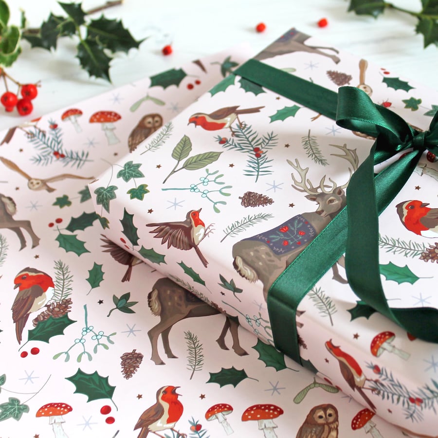 Festive Woodland Wildlife Gift Wrap with Tag, Christmas Wrapping Paper