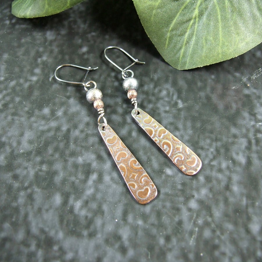 Earrings, Sterling Silver and Patterned Copper Teardrop Earrings