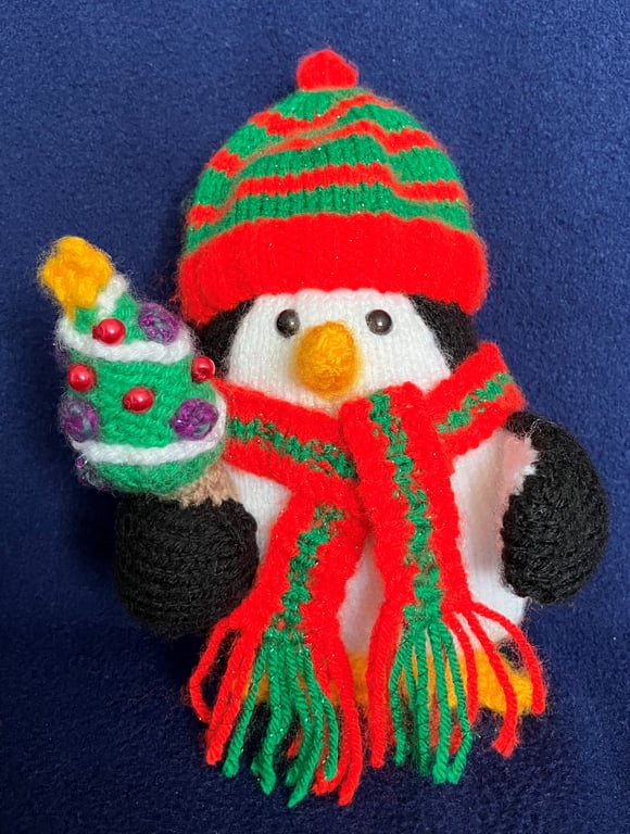 Christmas penguin and Christmas tree knitted shelf sitter decoration
